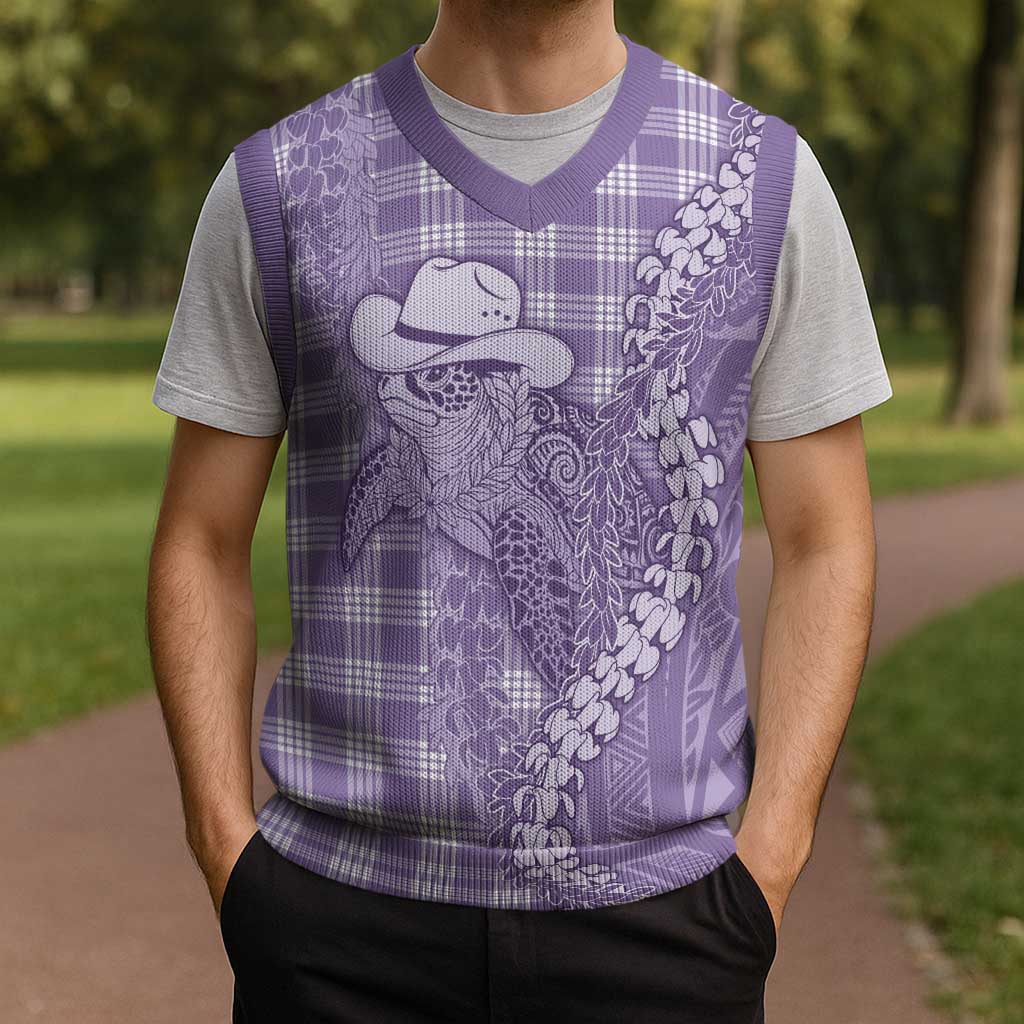 Purple Hawaii Palaka Cowboy Turtle Christmas Knitted V-Neck Vest Hawaiian Paniolo Puakenikeni Maile Lei - Polynesian Pride