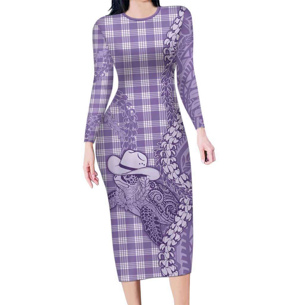 Purple Hawaii Palaka Cowboy Turtle Long Sleeve Bodycon Dress Hawaiian Paniolo Puakenikeni Maile Lei - Polynesian Pride