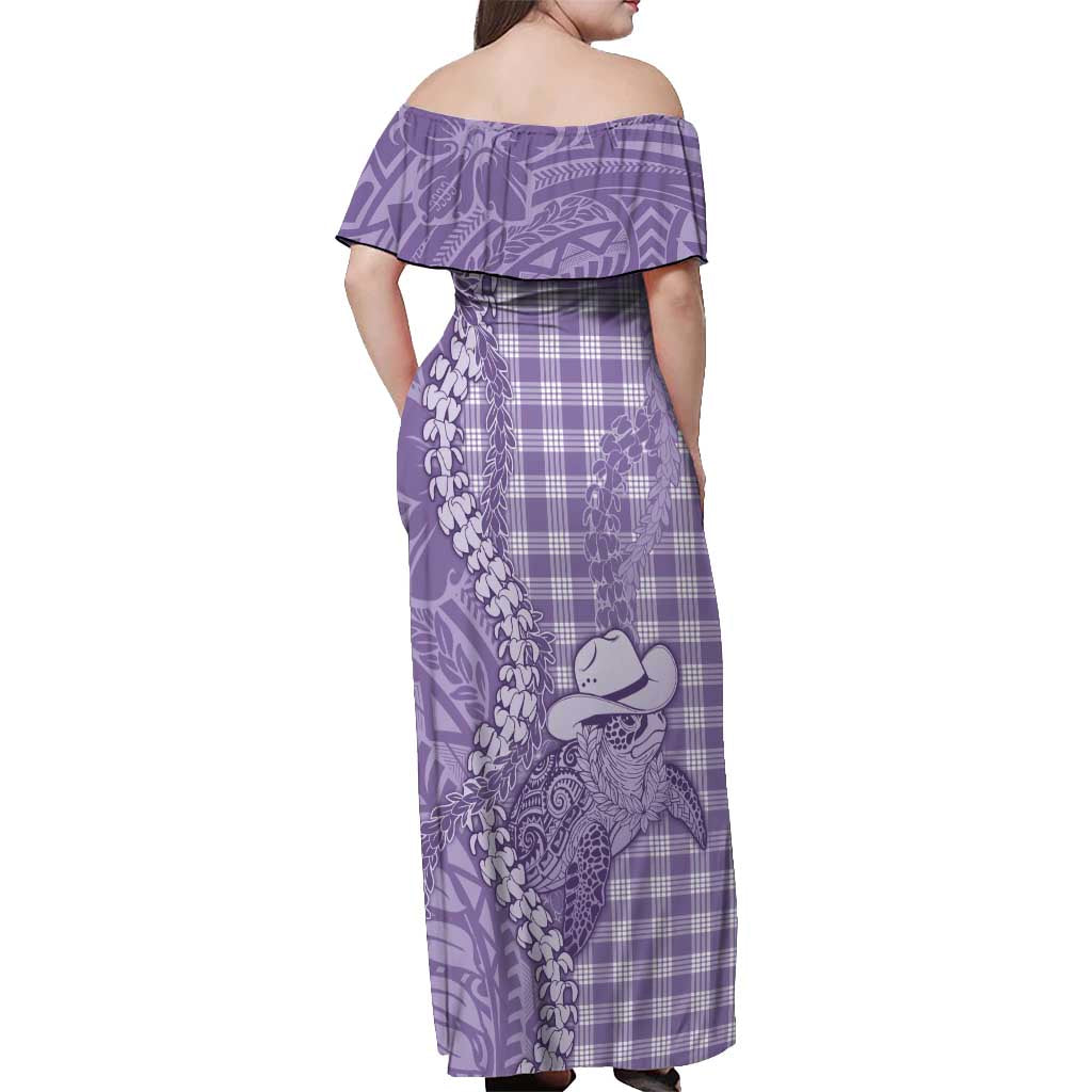 Purple Hawaii Palaka Cowboy Turtle Off Shoulder Maxi Dress Hawaiian Paniolo Puakenikeni Maile Lei - Polynesian Pride