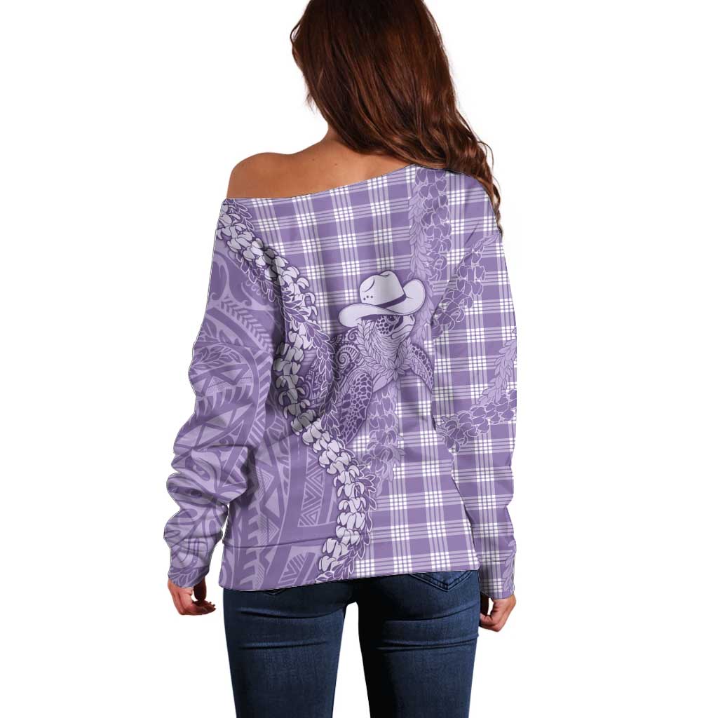 Purple Hawaii Palaka Cowboy Turtle Off Shoulder Sweater Hawaiian Paniolo Puakenikeni Maile Lei - Polynesian Pride