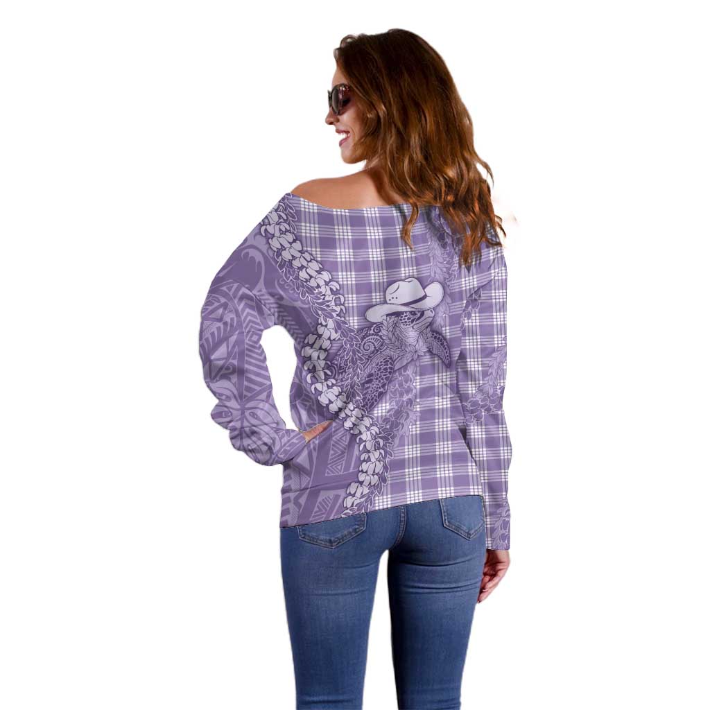 Purple Hawaii Palaka Cowboy Turtle Off Shoulder Sweater Hawaiian Paniolo Puakenikeni Maile Lei - Polynesian Pride