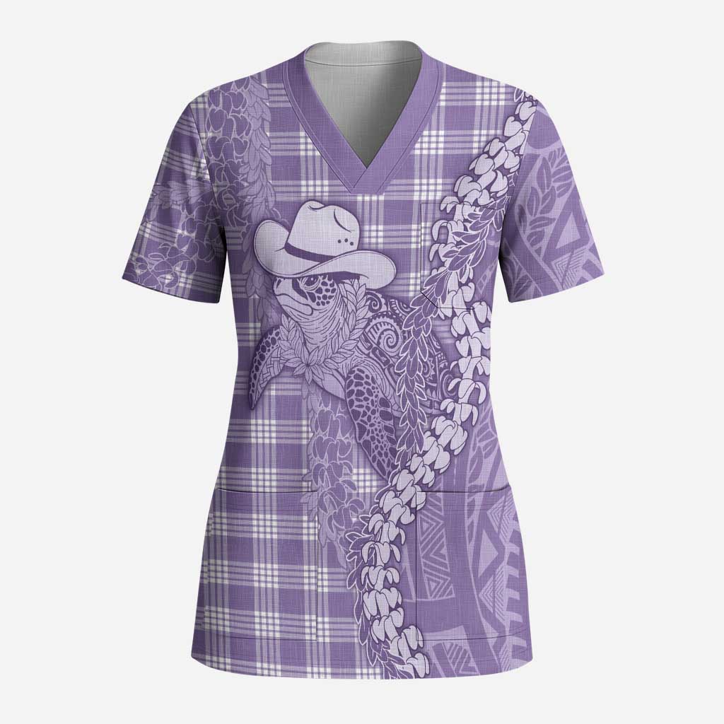 Purple Hawaii Palaka Cowboy Turtle Scrub Top Hawaiian Paniolo Puakenikeni Maile Lei - Polynesian Pride