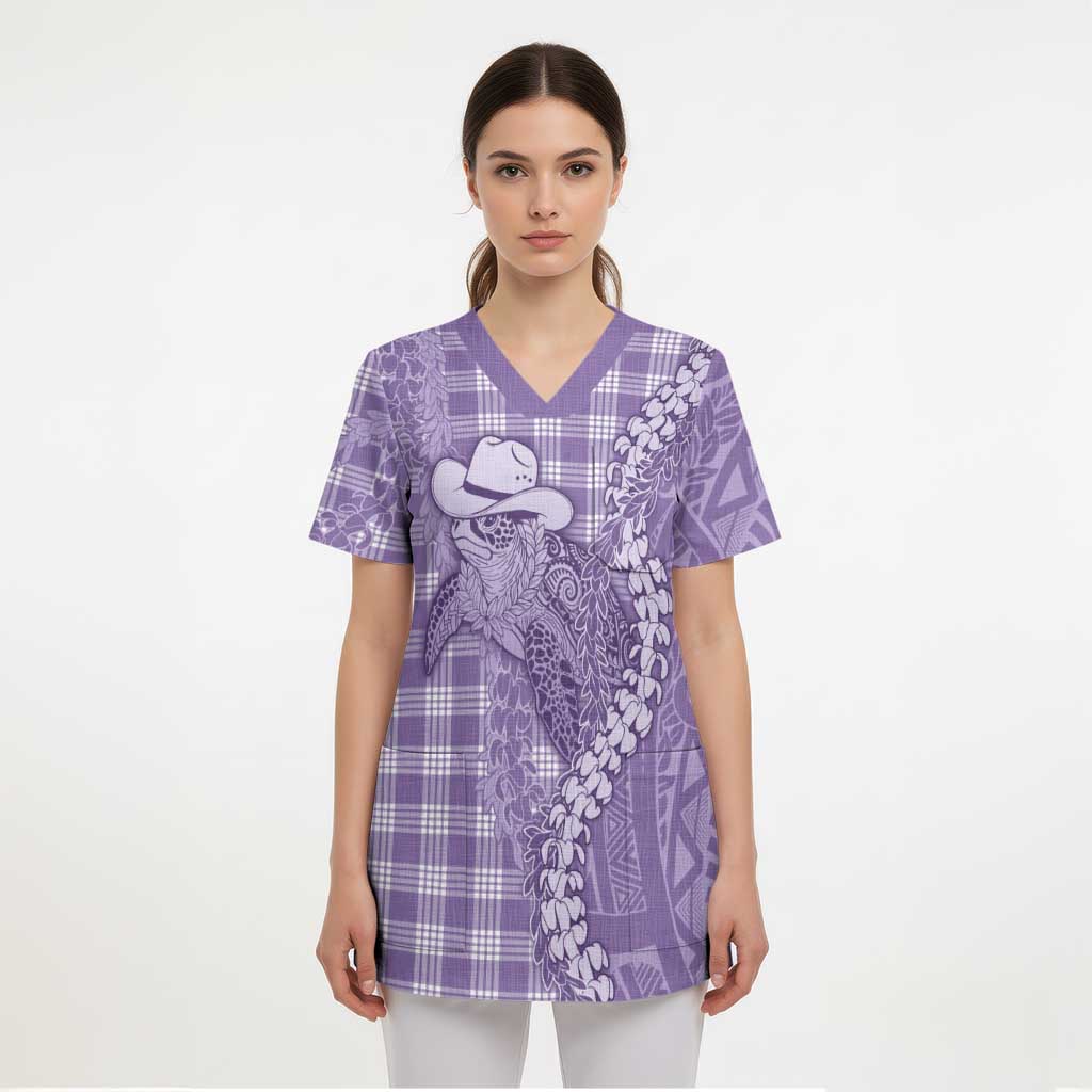 Purple Hawaii Palaka Cowboy Turtle Scrub Top Hawaiian Paniolo Puakenikeni Maile Lei - Polynesian Pride