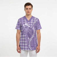 Purple Hawaii Palaka Cowboy Turtle Scrub Top Hawaiian Paniolo Puakenikeni Maile Lei - Polynesian Pride