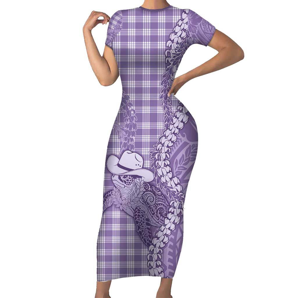 Purple Hawaii Palaka Cowboy Turtle Short Sleeve Bodycon Dress Hawaiian Paniolo Puakenikeni Maile Lei - Polynesian Pride
