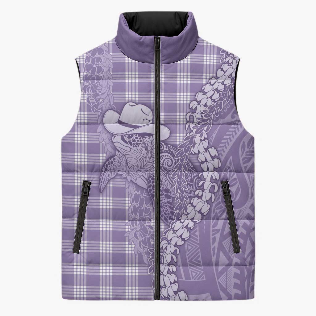 Purple Hawaii Palaka Cowboy Turtle Sleeveless Puffer Jacket Hawaiian Paniolo Puakenikeni Maile Lei - Polynesian Pride