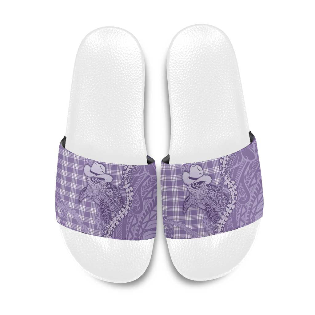 Purple Hawaii Palaka Cowboy Turtle Slide Sandals Hawaiian Paniolo Puakenikeni Maile Lei - Polynesian Pride