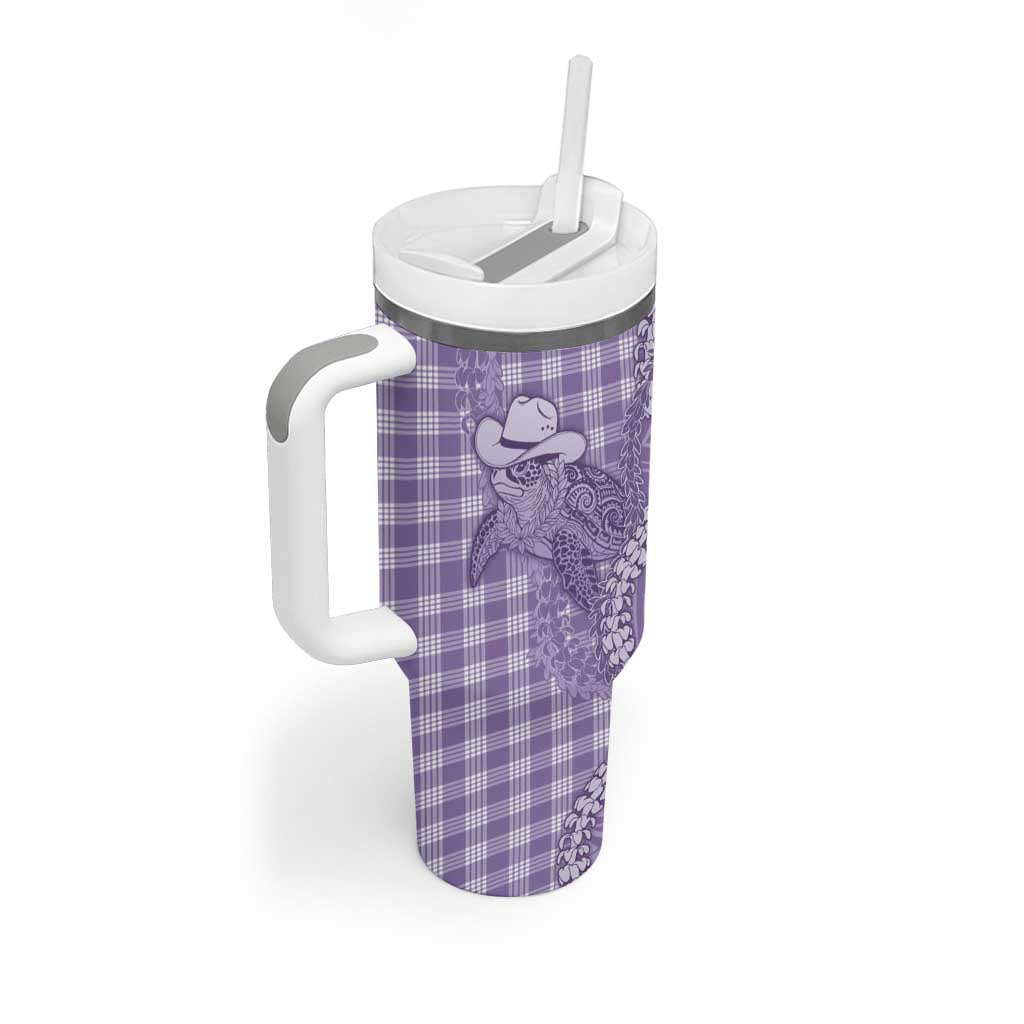 Purple Hawaii Palaka Cowboy Turtle Tumbler With Handle Hawaiian Paniolo Puakenikeni Maile Lei - Polynesian Pride