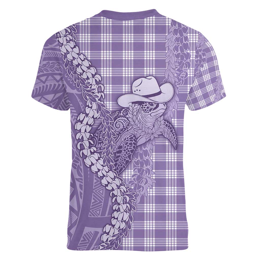 Purple Hawaii Palaka Cowboy Turtle Women V-Neck T-Shirt Hawaiian Paniolo Puakenikeni Maile Lei - Polynesian Pride