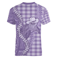 Purple Hawaii Palaka Cowboy Turtle Women V-Neck T-Shirt Hawaiian Paniolo Puakenikeni Maile Lei - Polynesian Pride