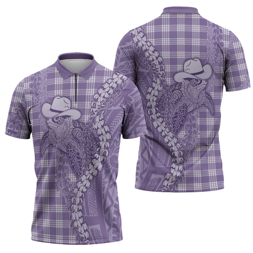 Purple Hawaii Palaka Cowboy Turtle Zipper Polo Shirt Hawaiian Paniolo Puakenikeni Maile Lei - Polynesian Pride