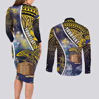 Personalised Tokelau Couples Matching Long Sleeve Bodycon Dress and Long Sleeve Button Shirt National Badge Waves Style