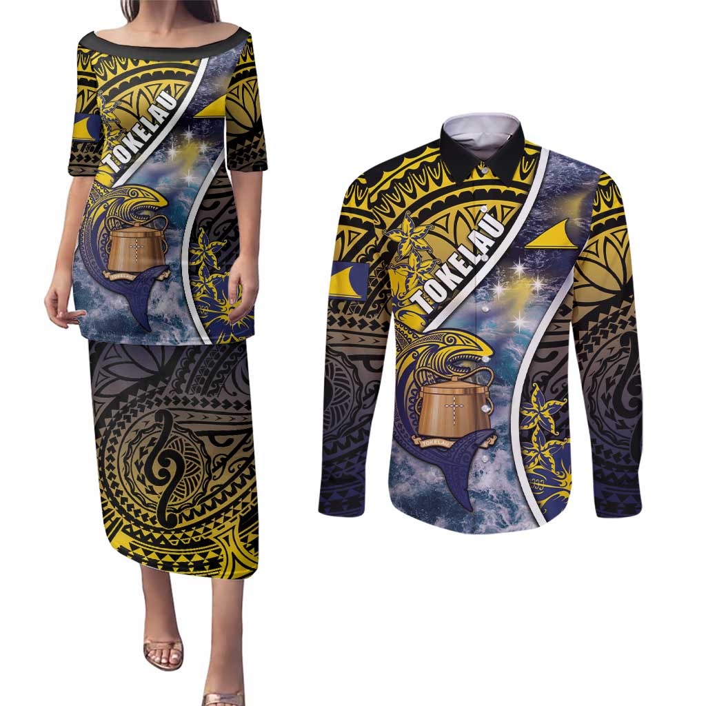 Personalised Tokelau Couples Matching Puletasi and Long Sleeve Button Shirt National Badge Waves Style