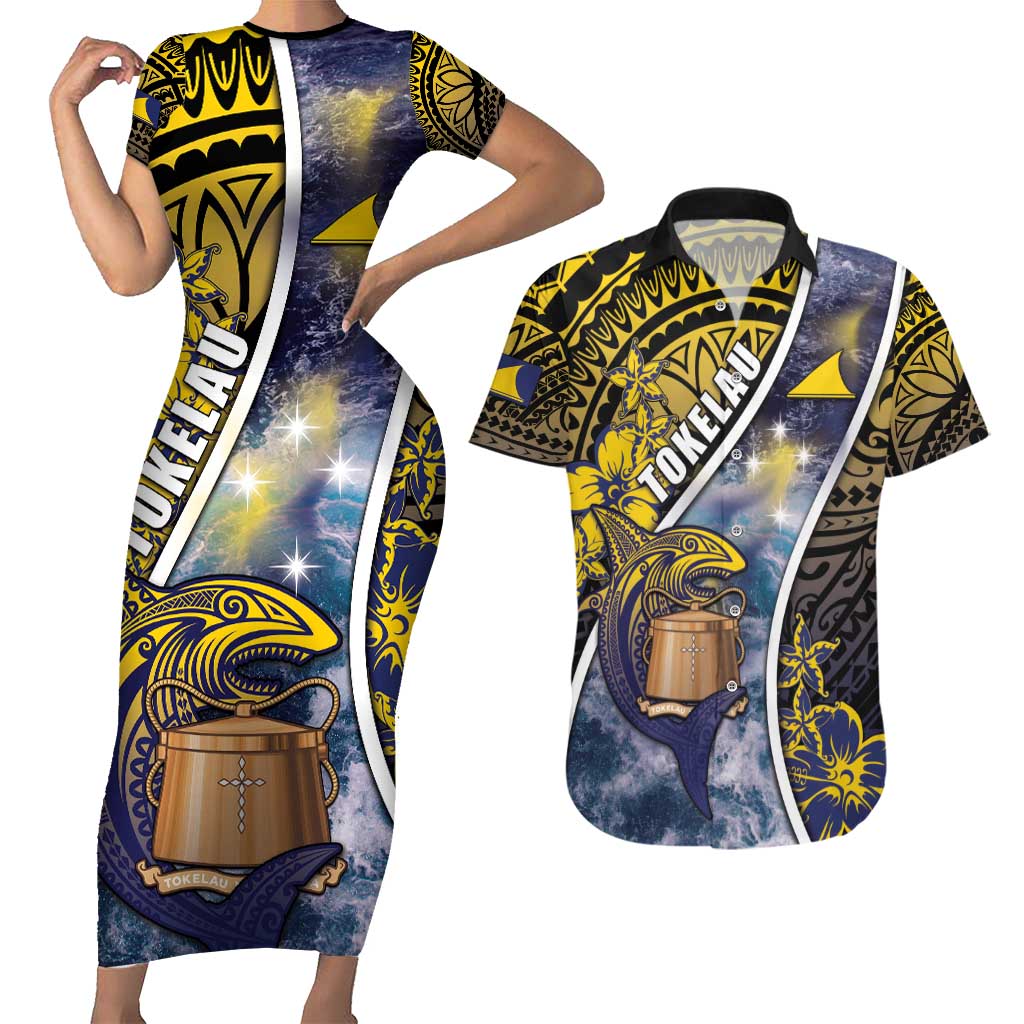 Personalised Tokelau Couples Matching Short Sleeve Bodycon Dress and Hawaiian Shirt National Badge Waves Style