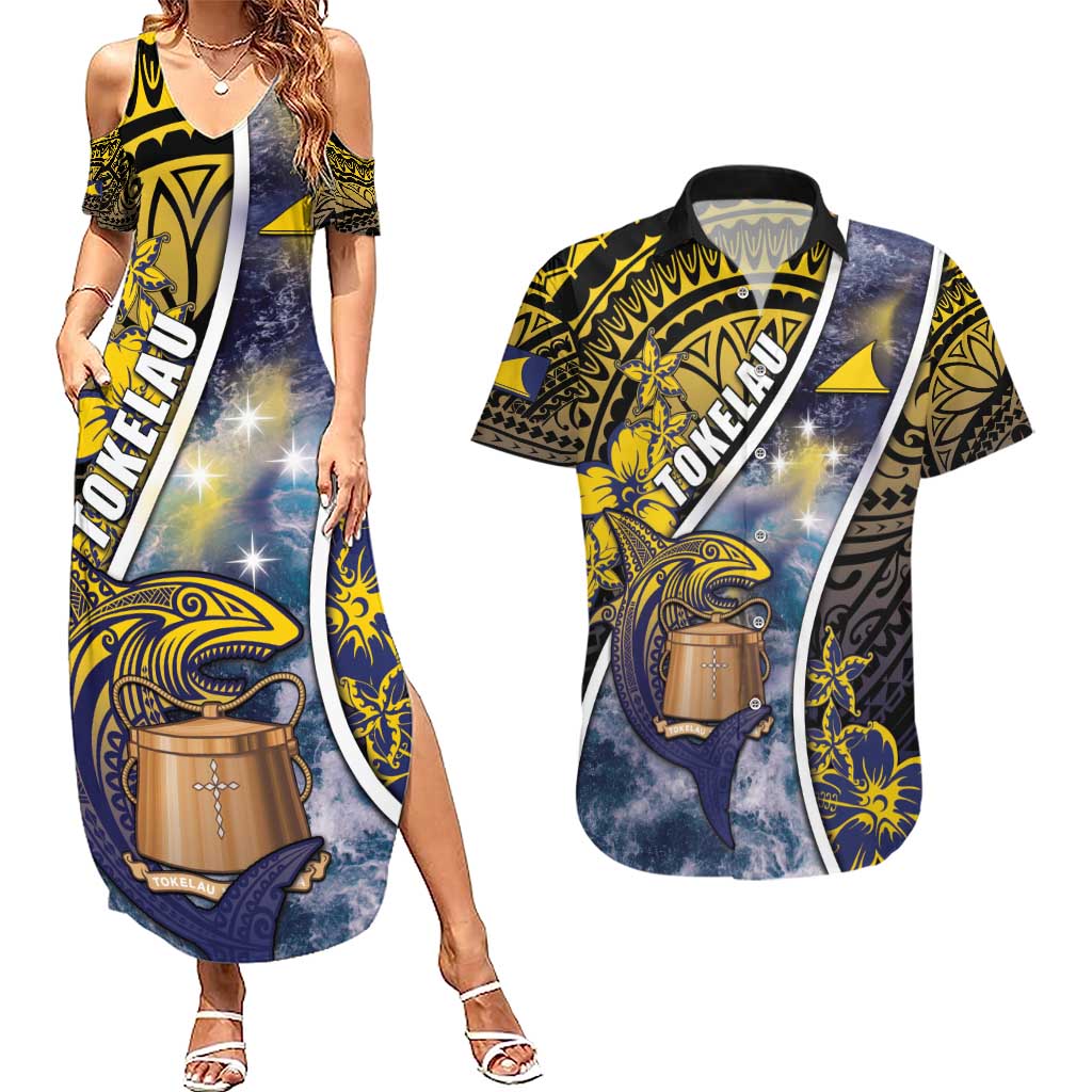 Personalised Tokelau Couples Matching Summer Maxi Dress and Hawaiian Shirt National Badge Waves Style