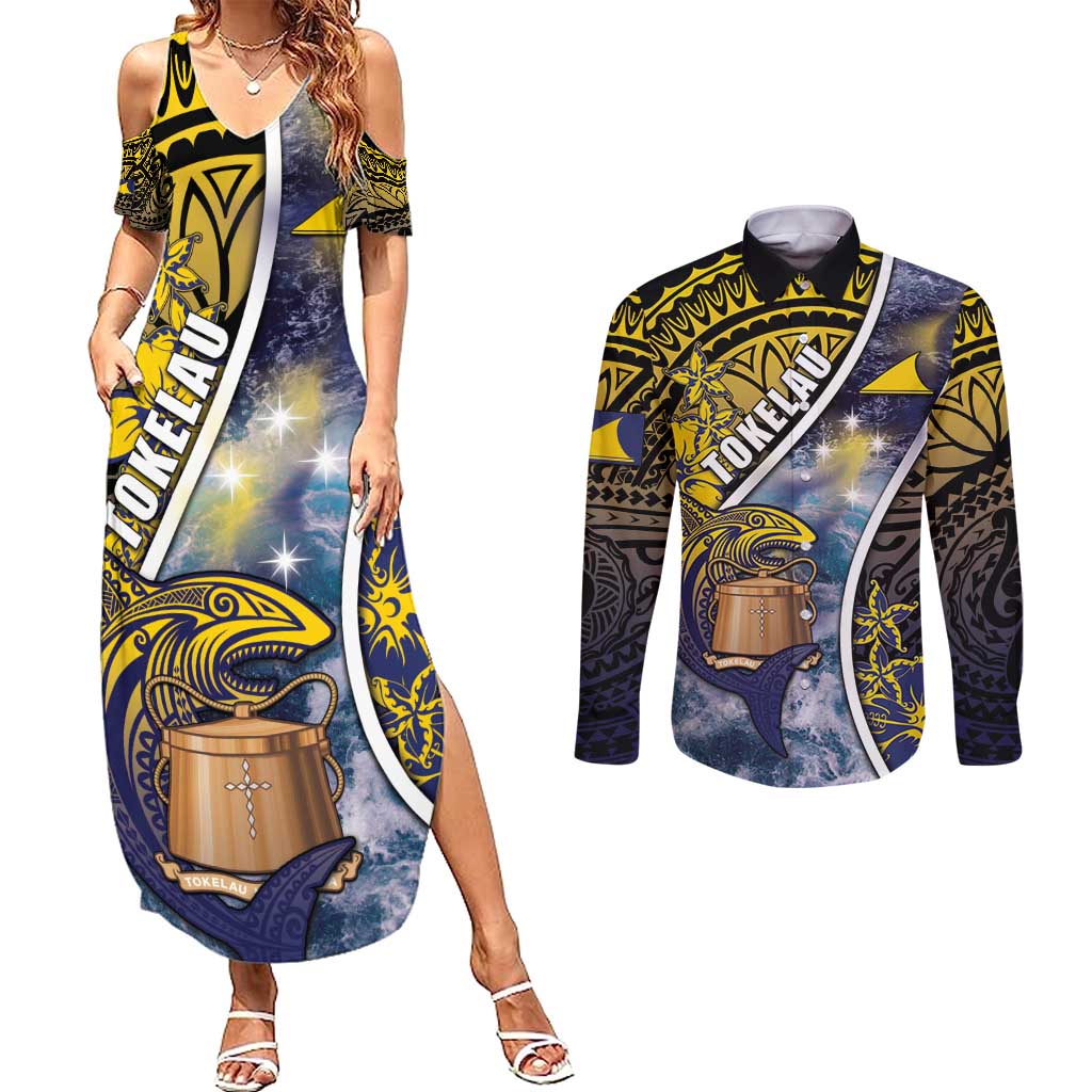 Personalised Tokelau Couples Matching Summer Maxi Dress and Long Sleeve Button Shirt National Badge Waves Style