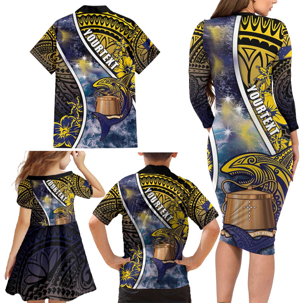 Personalised Tokelau Family Matching Long Sleeve Bodycon Dress and Hawaiian Shirt National Badge Waves Style