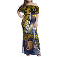 Personalised Tokelau Family Matching Off Shoulder Maxi Dress and Hawaiian Shirt National Badge Waves Style