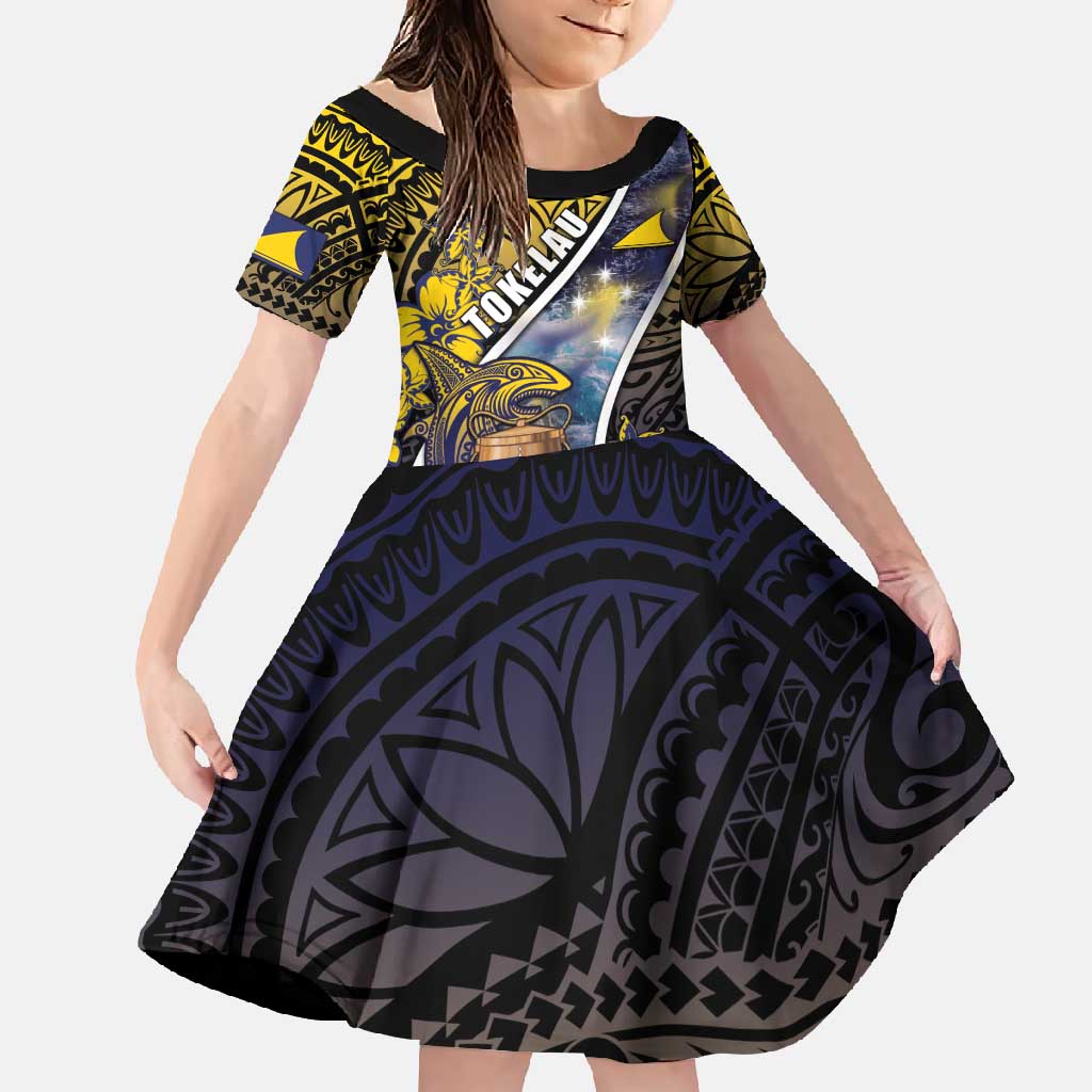 Personalised Tokelau Family Matching Short Sleeve Bodycon Dress and Hawaiian Shirt National Badge Waves Style