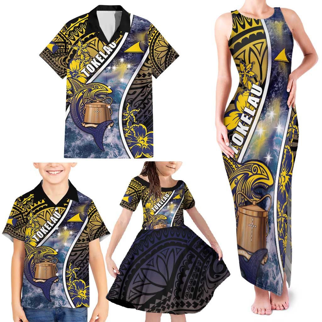 Personalised Tokelau Family Matching Tank Maxi Dress and Hawaiian Shirt National Badge Waves Style