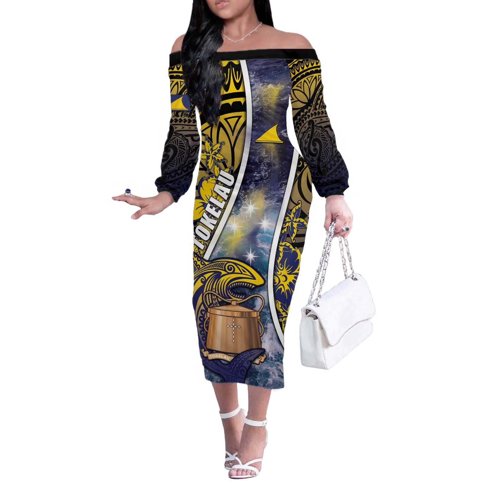 Personalised Tokelau Off The Shoulder Long Sleeve Dress National Badge Waves Style