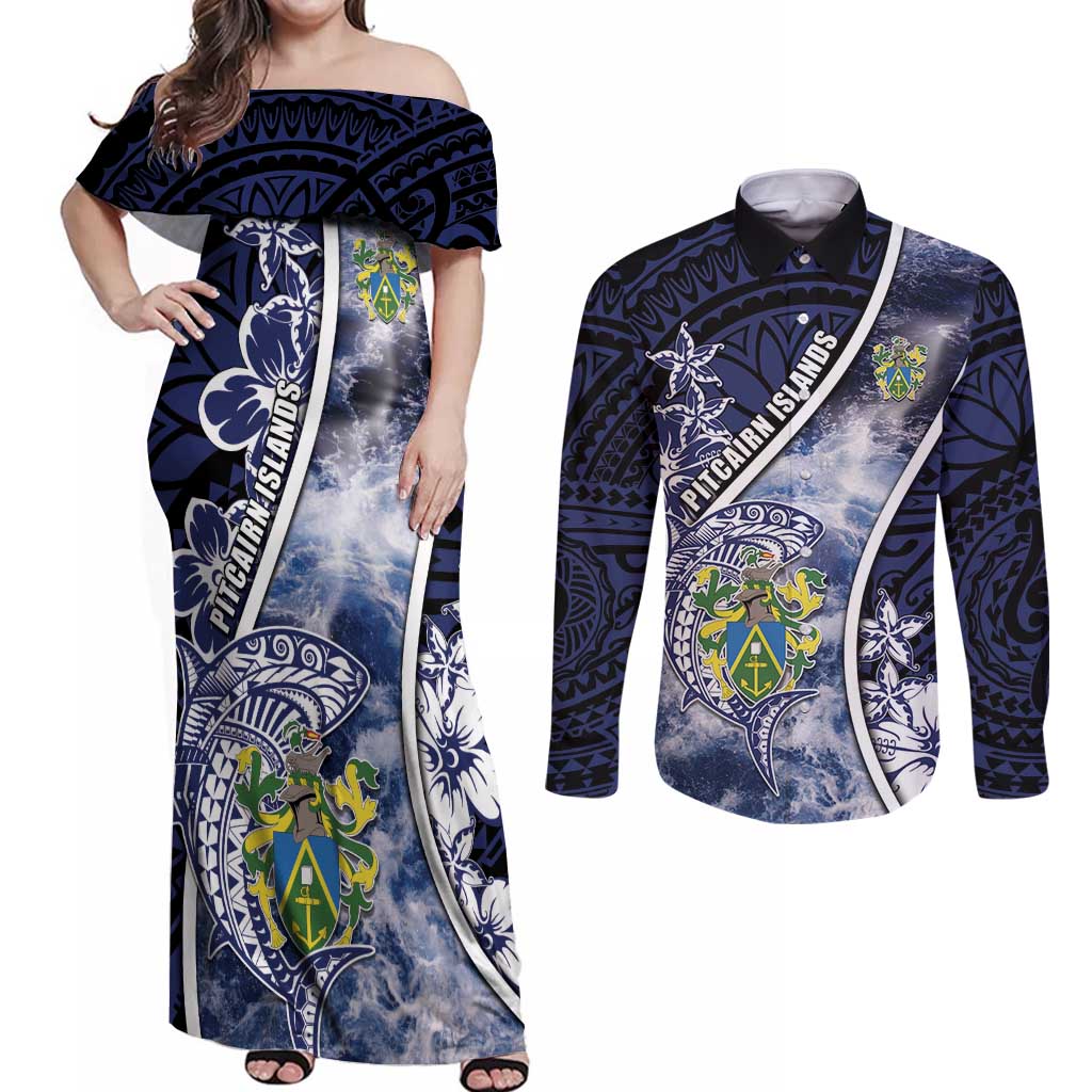 Personalised Pitcairn Islands Couples Matching Off Shoulder Maxi Dress and Long Sleeve Button Shirt Coat Of Arms Waves Style