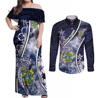 Personalised Pitcairn Islands Couples Matching Off Shoulder Maxi Dress and Long Sleeve Button Shirt Coat Of Arms Waves Style