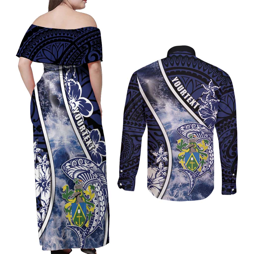 Personalised Pitcairn Islands Couples Matching Off Shoulder Maxi Dress and Long Sleeve Button Shirt Coat Of Arms Waves Style