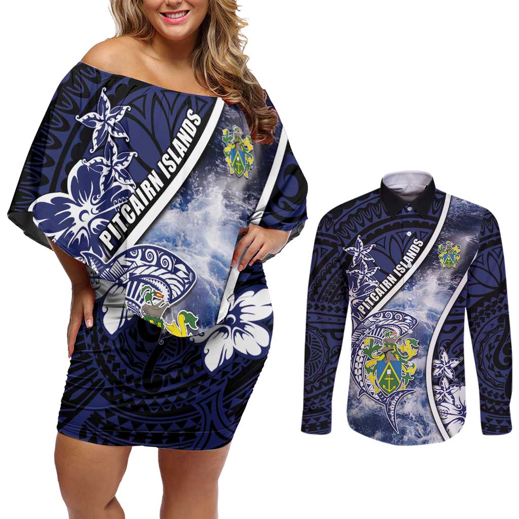 Personalised Pitcairn Islands Couples Matching Off Shoulder Short Dress and Long Sleeve Button Shirt Coat Of Arms Waves Style