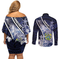 Personalised Pitcairn Islands Couples Matching Off Shoulder Short Dress and Long Sleeve Button Shirt Coat Of Arms Waves Style