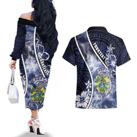 Personalised Pitcairn Islands Couples Matching Off The Shoulder Long Sleeve Dress and Hawaiian Shirt Coat Of Arms Waves Style