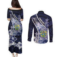 Personalised Pitcairn Islands Couples Matching Puletasi and Long Sleeve Button Shirt Coat Of Arms Waves Style