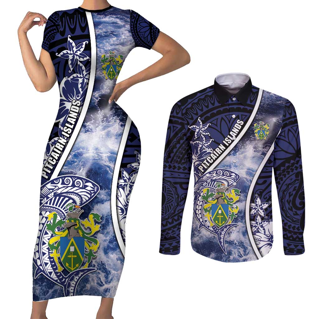 Personalised Pitcairn Islands Couples Matching Short Sleeve Bodycon Dress and Long Sleeve Button Shirt Coat Of Arms Waves Style