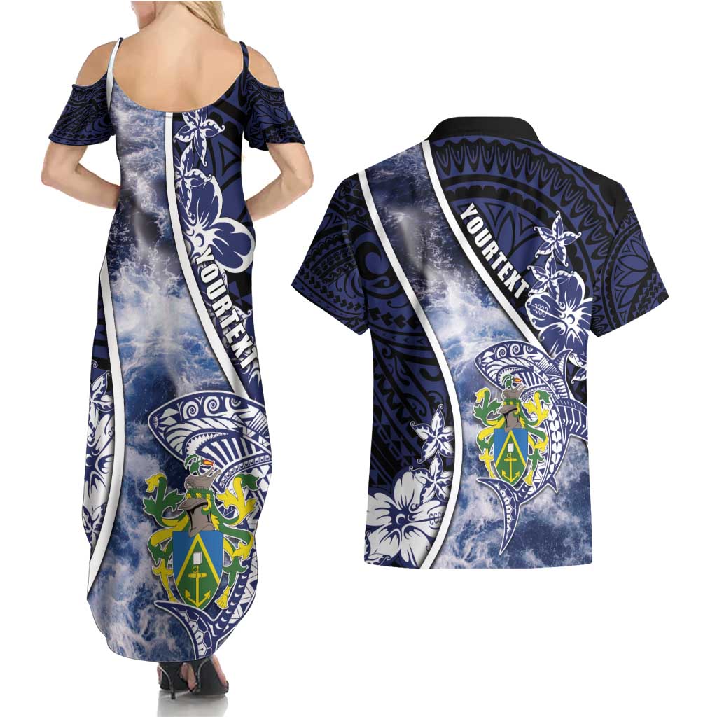 Personalised Pitcairn Islands Couples Matching Summer Maxi Dress and Hawaiian Shirt Coat Of Arms Waves Style