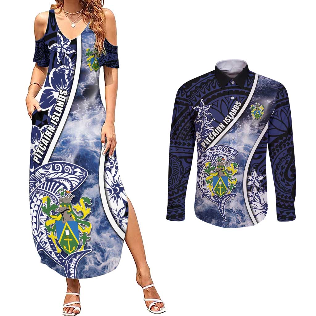 Personalised Pitcairn Islands Couples Matching Summer Maxi Dress and Long Sleeve Button Shirt Coat Of Arms Waves Style