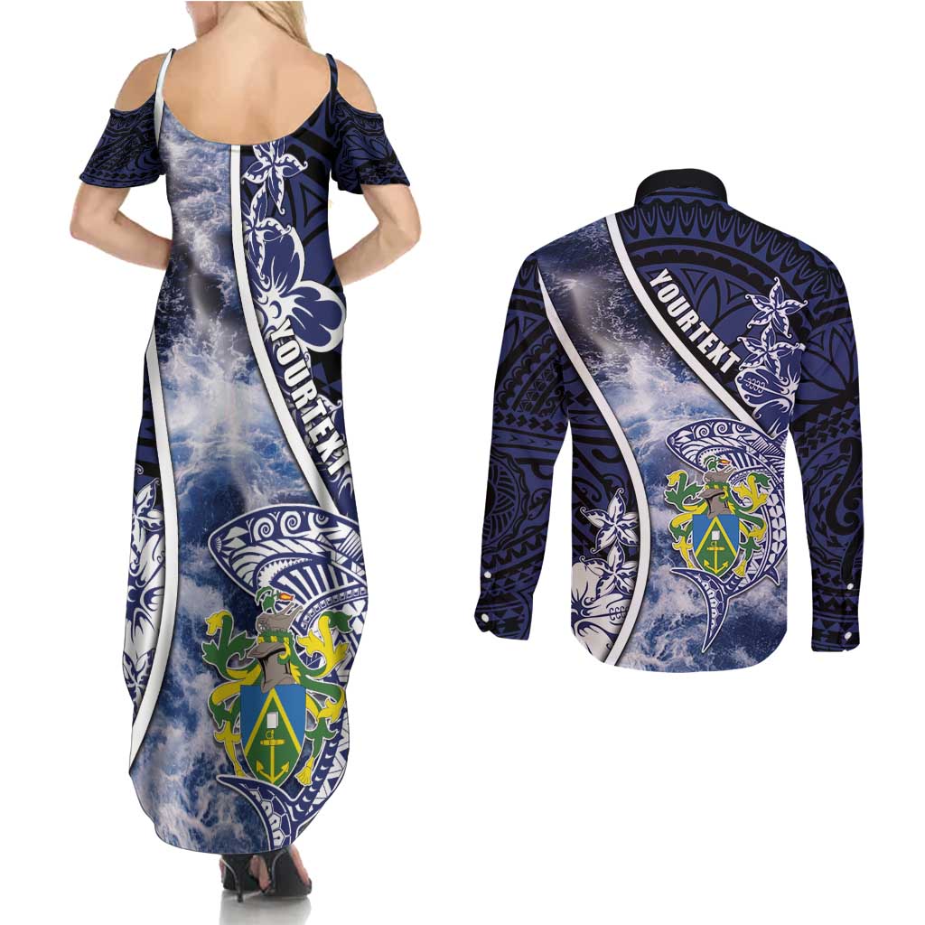 Personalised Pitcairn Islands Couples Matching Summer Maxi Dress and Long Sleeve Button Shirt Coat Of Arms Waves Style