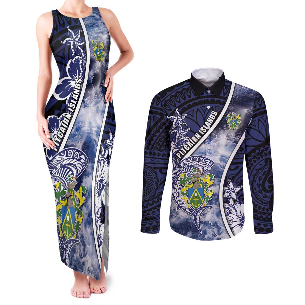 Personalised Pitcairn Islands Couples Matching Tank Maxi Dress and Long Sleeve Button Shirt Coat Of Arms Waves Style