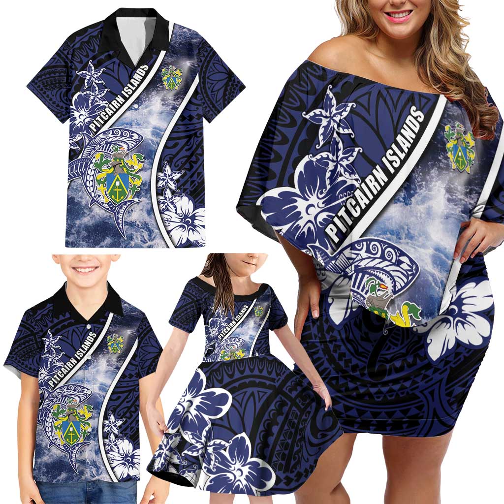 Personalised Pitcairn Islands Family Matching Off Shoulder Short Dress and Hawaiian Shirt Coat Of Arms Waves Style