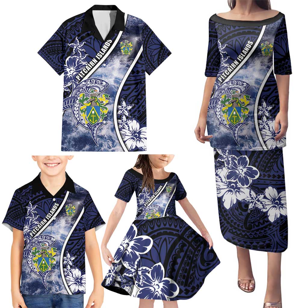 Personalised Pitcairn Islands Family Matching Puletasi and Hawaiian Shirt Coat Of Arms Waves Style