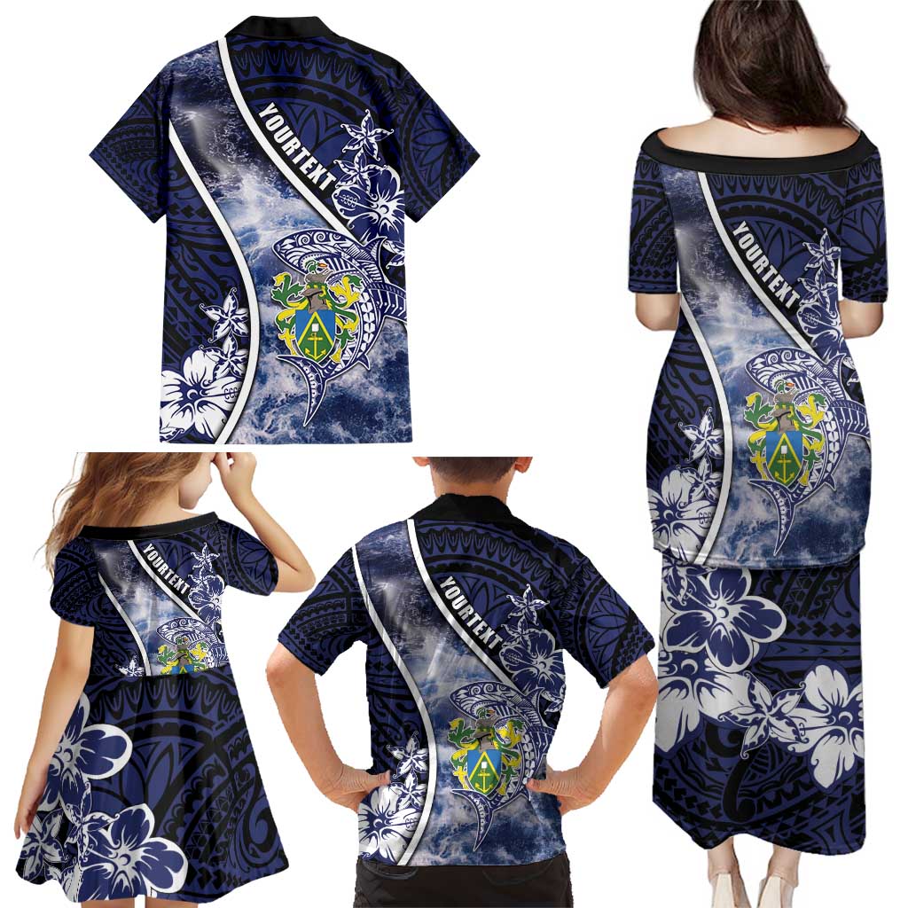 Personalised Pitcairn Islands Family Matching Puletasi and Hawaiian Shirt Coat Of Arms Waves Style