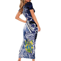 Personalised Pitcairn Islands Family Matching Short Sleeve Bodycon Dress and Hawaiian Shirt Coat Of Arms Waves Style