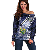 Personalised Pitcairn Islands Off Shoulder Sweater Coat Of Arms Waves Style