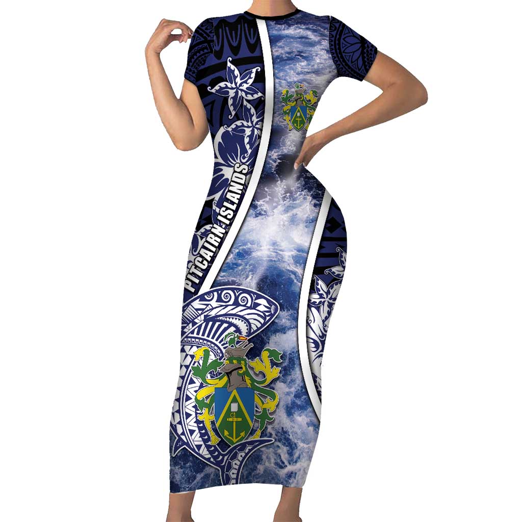 Personalised Pitcairn Islands Short Sleeve Bodycon Dress Coat Of Arms Waves Style