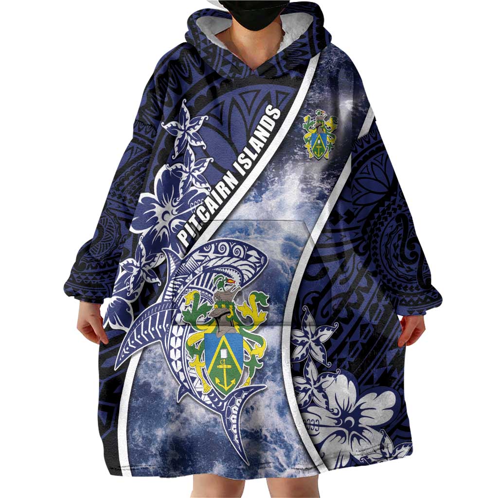 Personalised Pitcairn Islands Wearable Blanket Hoodie Coat Of Arms Waves Style