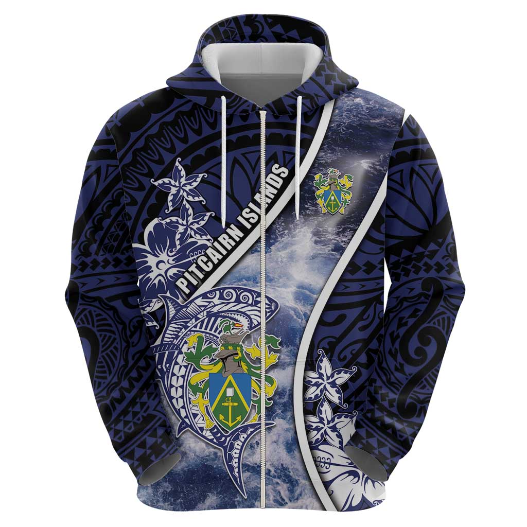 Personalised Pitcairn Islands Zip Hoodie Coat Of Arms Waves Style
