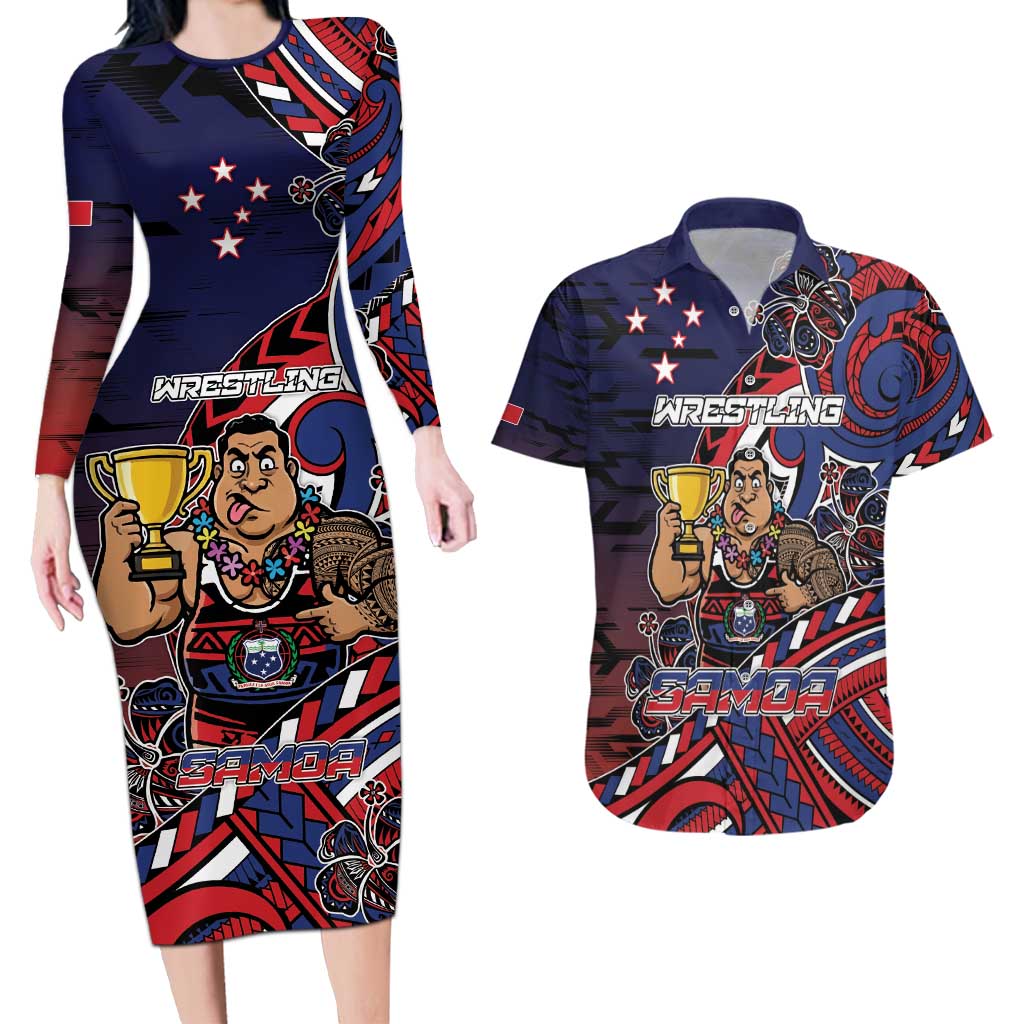 Personalised Samoa Wrestling Couples Matching Long Sleeve Bodycon Dress and Hawaiian Shirt Polynesian Warrior Funny Style DT05 Navy - Polynesian Pride
