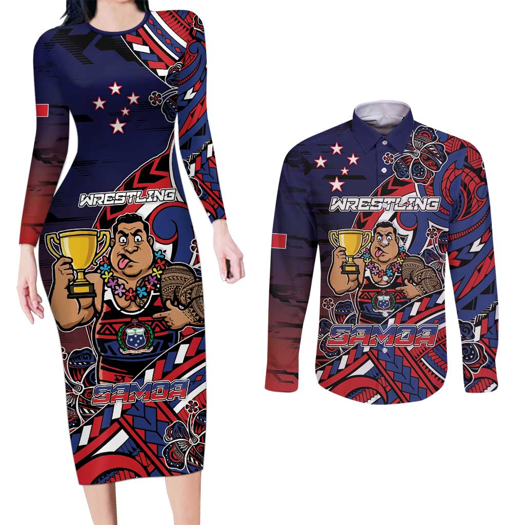 Personalised Samoa Wrestling Couples Matching Long Sleeve Bodycon Dress and Long Sleeve Button Shirt Polynesian Warrior Funny Style DT05 Navy - Polynesian Pride
