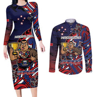 Personalised Samoa Wrestling Couples Matching Long Sleeve Bodycon Dress and Long Sleeve Button Shirt Polynesian Warrior Funny Style DT05 Navy - Polynesian Pride