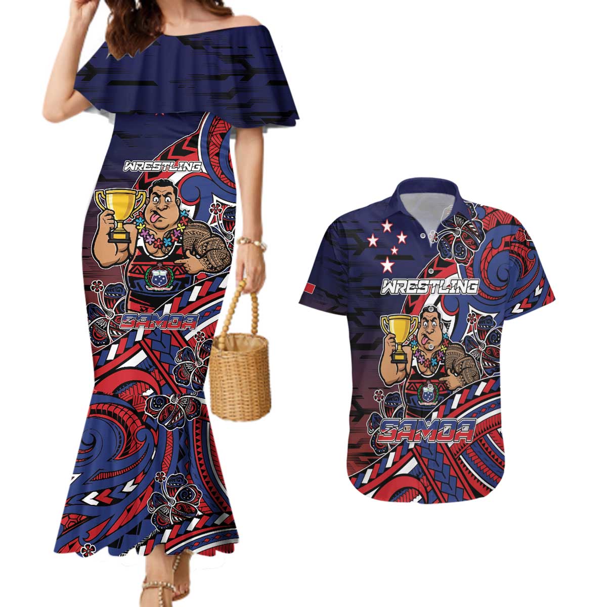 Personalised Samoa Wrestling Couples Matching Mermaid Dress and Hawaiian Shirt Polynesian Warrior Funny Style DT05 Navy - Polynesian Pride