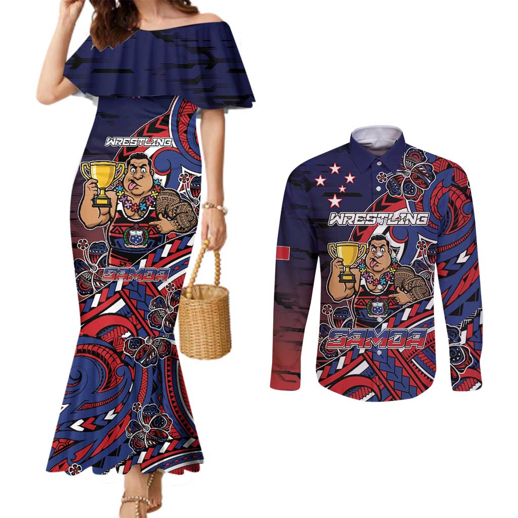 Personalised Samoa Wrestling Couples Matching Mermaid Dress and Long Sleeve Button Shirt Polynesian Warrior Funny Style DT05 Navy - Polynesian Pride